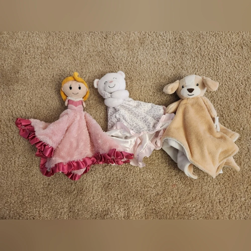 Girls‎ Plush Lovey Blanket Set Of 3 Princess Dog Bear GUC #BB/X
